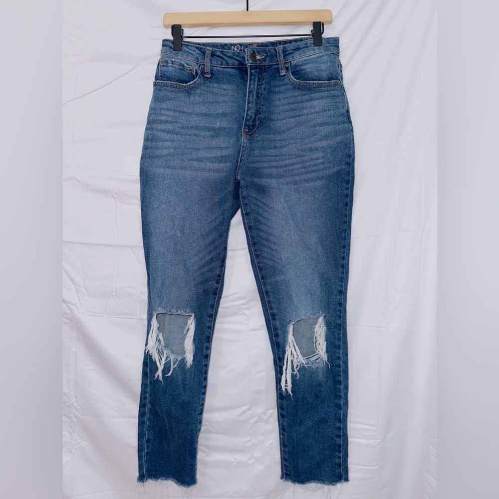 No Boundaries Dark Wash Denim High Rise Busted Knee Raw Hem Ankle Jeans size 7